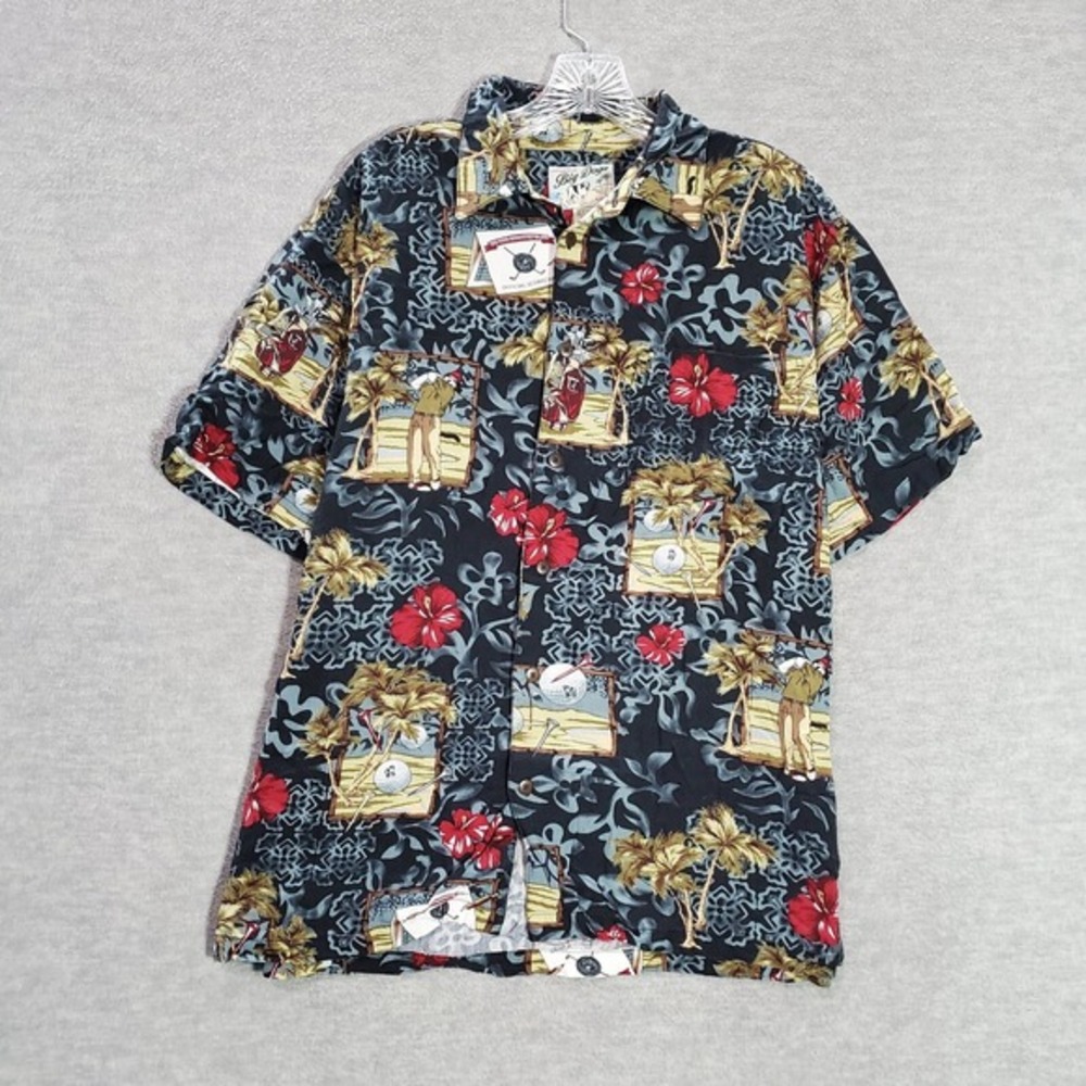 VINTAGE Big Dogs Men Button Up Shirt M Floral Hawaiian Golf Short‎ Sleeve 90s